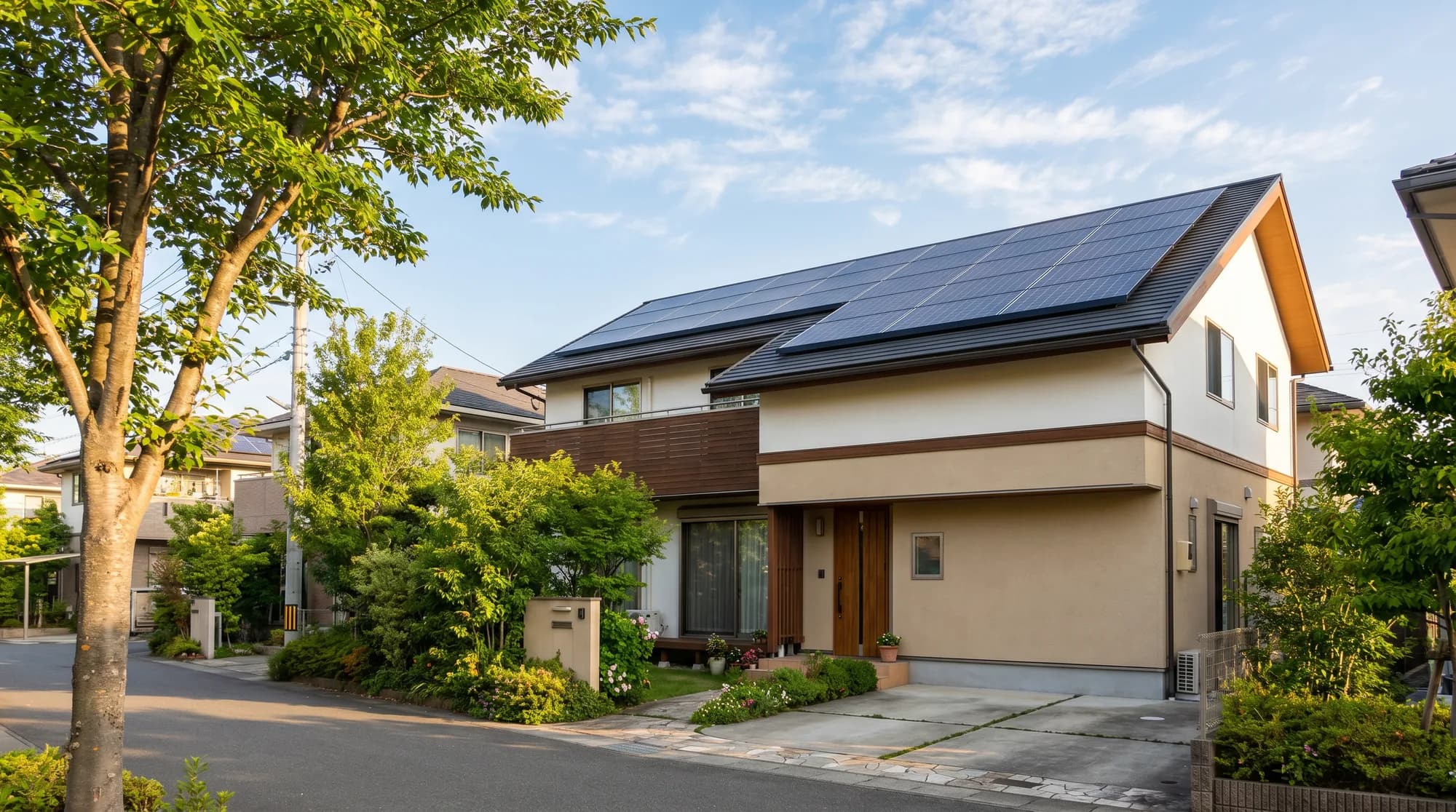 太陽光パネルを設置した戸建て住宅と青空